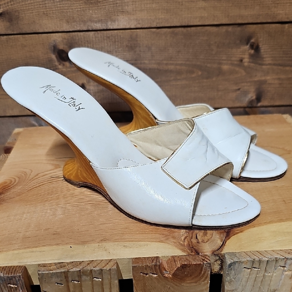 1950's Punchinello Sandals Slides Scuplted Wooden Heel 6.5 Vintage Calfskin Rare